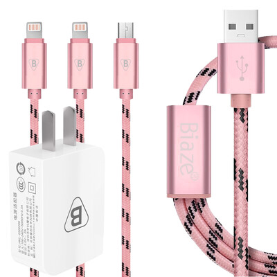 

BIAZE 5V / 2A зарядное устройство + один перетащить три кабеля для передачи данных по мобильному телефону 1,2 м интерфейс с розовым золотом (Apple × 2 Andrews × 1) поддержка iPhone8 / 7 просо Huawei M2 + K7