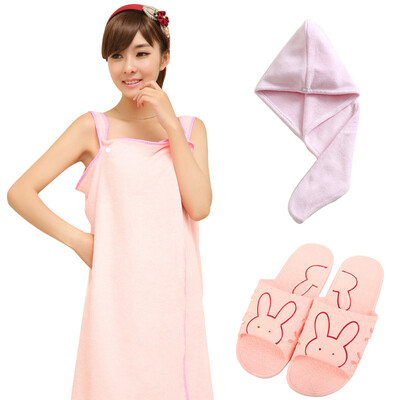 

[Jingdong supermarket] green reed bath 3 sets of Variety towel skirt sweat dry hair cap bath napkin slippers 38-39 yards pink