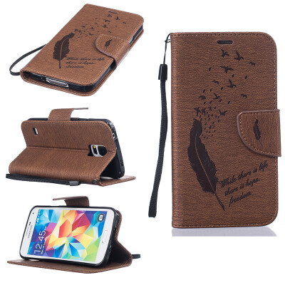 

coffee Feathers and birds Style Embossing Classic Flip Cover with Stand Function and Credit Card Slot for SAMSUNG GALAXY S5