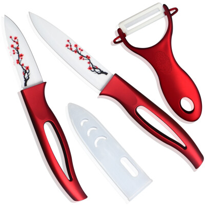 

XYJ Brand Red Handle Ceramic Knife Set 3, 4 Inch Fruit Utility Knife With One Peeler Kitchen Kniv