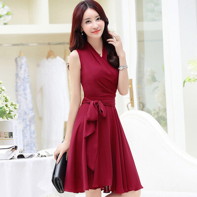 

A morning 2017 Korean version of the skirt female fashion waist was thin large size sleeveless V-neck yarn dress summer S62A0077A3S wine red S