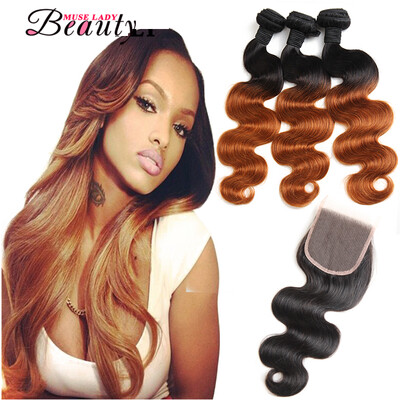 

Top Selling Malaysian Body Wave Human Hair Extension Ombre Color T1B/30 Hair Products 3 Bundles with Lace Closure