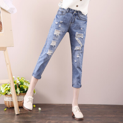 

City plus CITYPLUS art fan wide wear broken hole Harlan beggars pants casual jeans CWKN173256 light blue