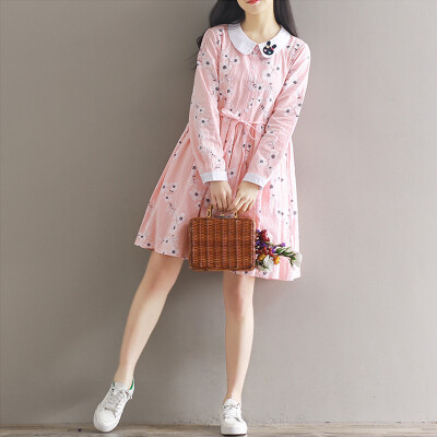 

City Plus CITYPLUS Sen Female College Wind Small Fresh Loose Embroidery Print Long Sleeve Dress CWQZ173154 Pink S