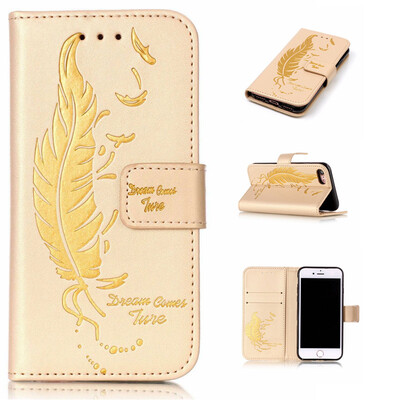 

Golden Plumes and birds Embossed PU Leather Wallet Case Classic Flip Cover with Stand Function and Credit Card Slot for IPHONE 7