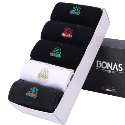 

[Jingdong supermarket] Baona Si (BONAS) B224 Korean fashion embroidery wild men's socks sweat in the tube cotton socks 5 pairs of mixed color