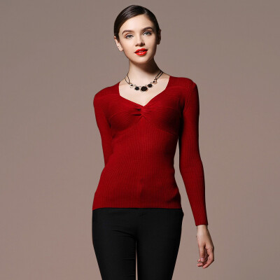 

MAZOE Europe and the United States fashion cross V-neck thread Slim wool knitted primer shirt Z1007 rust red XL