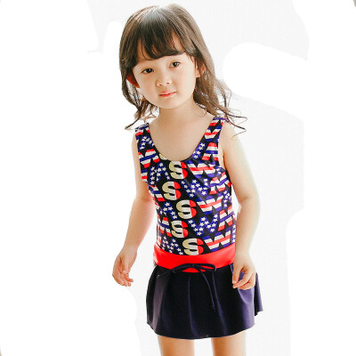 

Qiaohai (QIHAI) 6614-3 large size children's piece skirt swimsuit cute letters fashion was thin hot spring swimsuit girl blue  code