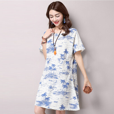 

JIANZHI 2017 summer new cotton&linen printing Chinese national wind pregnant women large size short sleeve shirt dress 6036 blue flower L