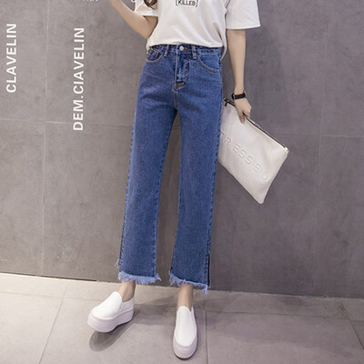 

Long Yue Women's loose micro-horn jeans trousers open fork straight side nine pants LWKN173310 dark blue L