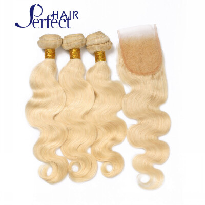 

613 Blonde Virgin Hair With Closure Human Hair Boday Wave Platinum 3pcs Blonde Virgin Hair Bundles With Lace Closure on sale