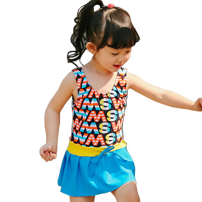

QIHAI 6614-3 children&39s piece skirt swimsuit cute alphabet fashion was thin hot spring swimsuit girl blue blue code