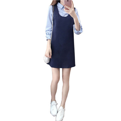 

Longyue Women Korean Fashion Long Sleeve Shirt Strap Skirt Two-piece Dress LWQZ172419 Blue