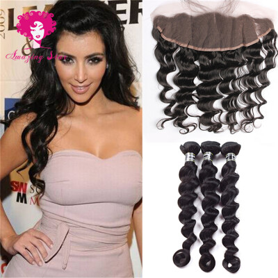 

Amazing Star Indian Virgin Hair Loose Wave Bundles with Frontal Unprocessed Human Hair with 13x4 Lace Frontal Closure Soft Bouncy