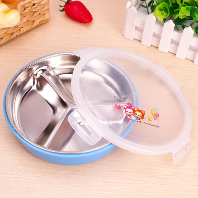 

Chuang Hong 304 stainless steel round lunch box children students sub-grid plate with a lid to protect the blue
