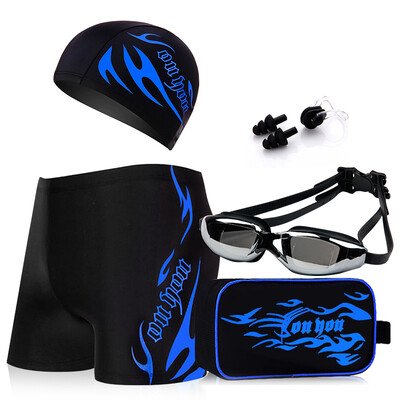 

You swim trunks men&39s suits all-around swimsuit myopia goggles swimming cap five pieces of flame set Z25102 black blue fire 2XL code 200 degrees myopia