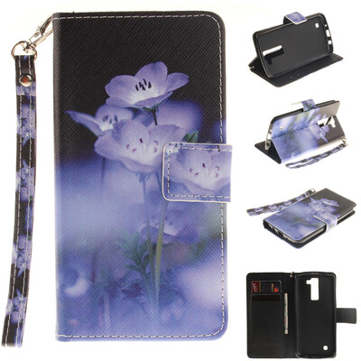 

Blue flower Design PU Leather Flip Cover Wallet Card Holder Case for LG K8