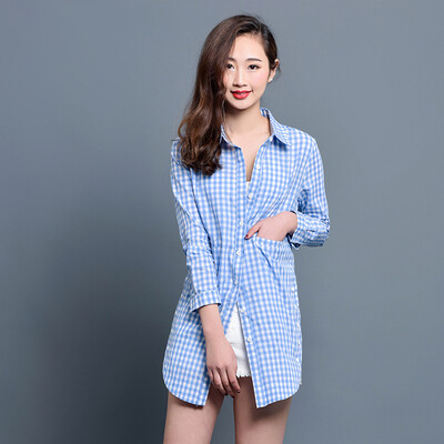 

KuoyiHouse KuoyiHouse 7006 shirt 2017 spring new plaid shirt long sleeves loose art in the long paragraph cotton shirt blue white grid XL