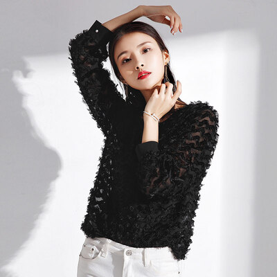 

MAZOE Korean lace hollow angel plumage short round neck shirt M006 pink all
