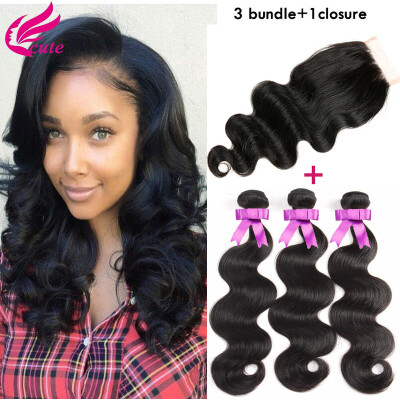 

8A Brazilian Virgin Hair Weave Bundles With Closure Body Wave 3 Bundles With Closure Unprocessed Human Hair With Lace Closure