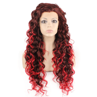 

Long Curly Two Tone Ombre Red Heat Safe Fiber Hair Front Lace Wig