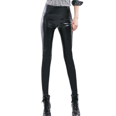 

MAZOE pu leather pants women wear black leggings high waist plus velvet thick feet pants M8868 black L