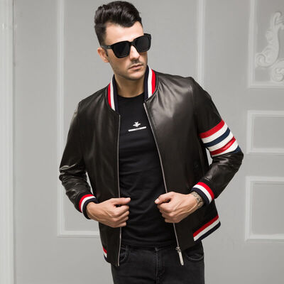 

Mens leather jacket long sleeve autumn witer genuine sheepskin coat real leather the newest loose style with stand collar
