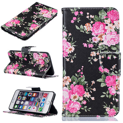 

Black flowers Design PU Leather Flip Cover Wallet Card Holder Case for IPHONE 6 PLUS6S PLUS