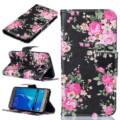 

Black flowers Design PU Leather Flip Cover Wallet Card Holder Case for SAMSUNG Galaxy J5 2016J510