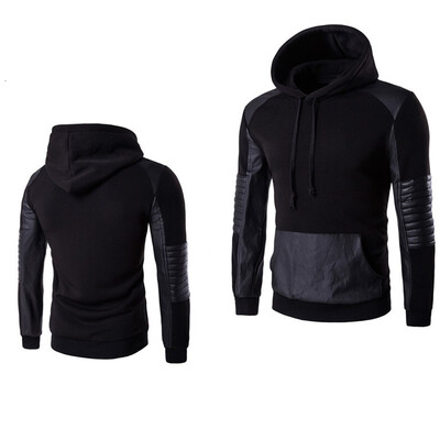 

Mens Sweatshirt Cotton&Pu Splicing Pullover Hoodie
