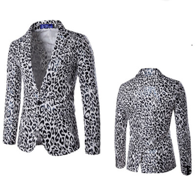 

Men One Button Suit Leopard Print Blazer Groom Dress Performance Suit