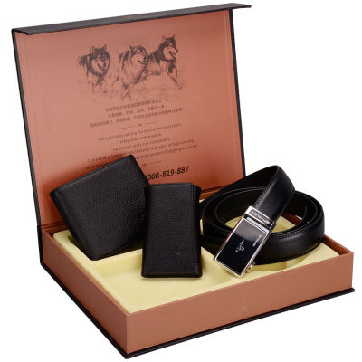 

Seven wolves SEPTWOLVES mens belt automatic buckle leather mens belt top layer leather short wallet combination exquisite gift box set L917