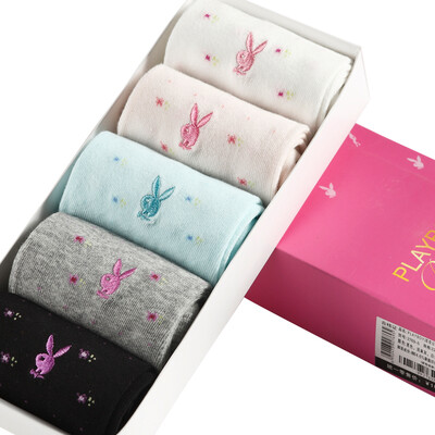 

Playboy socks Lady in the tube cotton socks dots female socks 5 pairs of mixed color 22-24cm