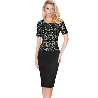 

2016 Autumn Dress Plus Size Lace Dress Short Sleeve pencil Dresses Patchwork 2 Colors Elegant Casual Dresses