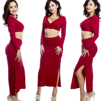 

Fashion New Arrival Women Long Sleeves Deep V Neck Dress Sexy Hip Package Dress Set Two Pieces Split Dresses