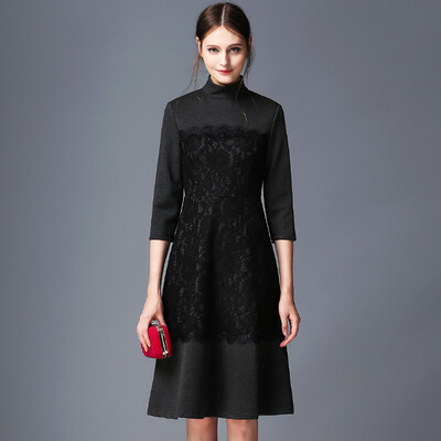 

100% Polyester Sexy Lace Dress Fashion Solid Half Sleeve O-Neck Autumn Women Dresses Cheap-Clothes-China