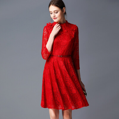 

Plus Size Trendy Women Dress Lace Casual A-line Solid Mini Autumn Dresses Cheap-Clothes-China