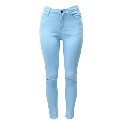 

Women Torn hole new jeans female trousers 2016 high waist Famale Black High Elastic thin pencil pants plus size pants tight