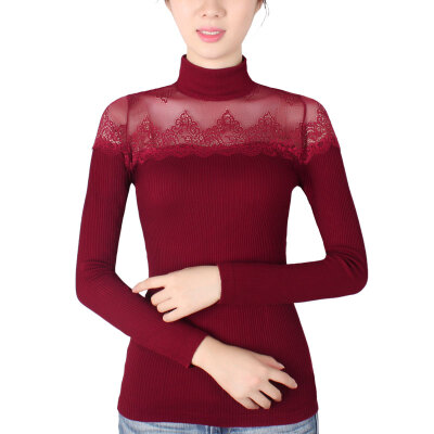 

New Ladies knitted underwear long johns women lace shirt collar thread on wear small slimming thermal T-shirt spring body female