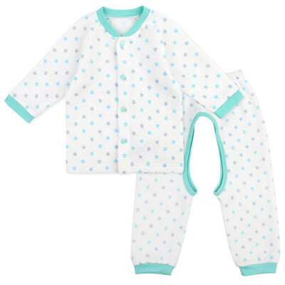 

Xin Song baby cotton air layer of the lapel + open crotch pants warm suit autumn and winter underwear suit gray blue star A064D59