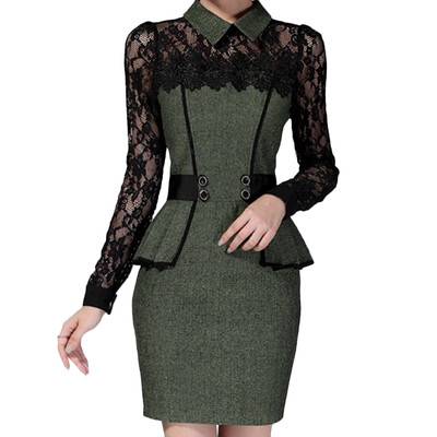 

Fashion Women Woolen&Lace Dress Slim Long Sleeves Wedding Party Dress Evening Dress