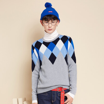 

Semir Men' wide round collar collar Ling Ge geometric jacquard sweater Korean version of the tide 10415071229 gray blue hue 0128