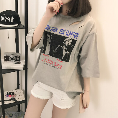 

VIVAHEART Korean casual picture printing pattern loose white T-shirt female short sleeve tide VWTD174131 gray