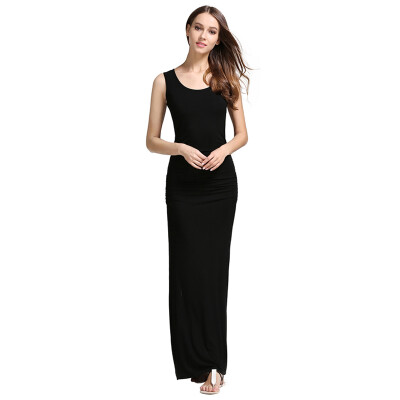 

Buenos Ninos Women's Sleeveless Scroop Neck Shirring Sides Slit Maxi Dress