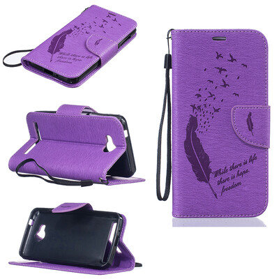 

Purple Feathers and birds Style Embossing Classic Flip Cover with Stand Function and Credit Card Slot for HUAWEI Y5 II