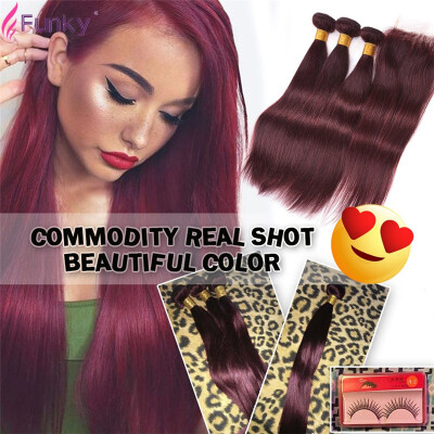 

Burgundy Weave Brazilian Virgin Hair With Closer Straight 4Pcs Human Hair Extensions 99J Red Wine Hair