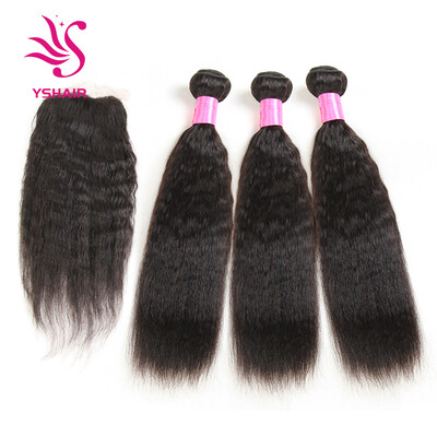 

YS HAIR Peruvian Kinky Straight Lace Closure with Bundlesunprocessed Kinky Straight Virgin Human Hair 3 Bundles with Lace Closure