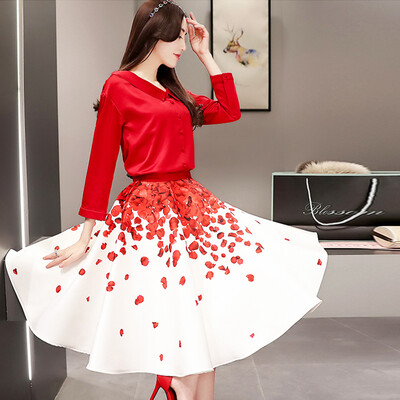 

Milano MILANYIN Women&39s 2017 spring fashion suit Peng Peng dress long long-sleeved Korean printing two-piece ML036 red M