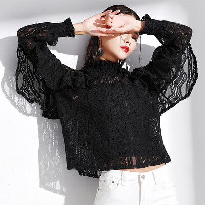 

MAZOE fashion ladies temperament lotus leaf lantern sleeves half high collar lace blouse shirt M009 black uniform