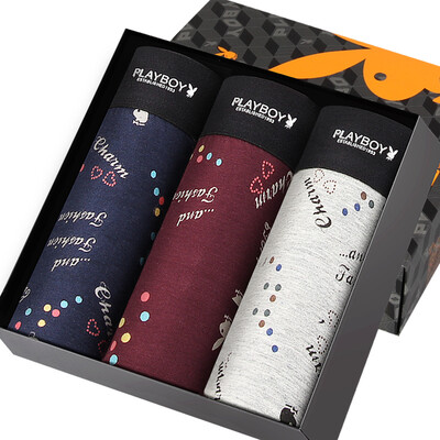 

Playboy men&39s underwear underwear men&39s flat pants breathable printing four pants 3 gift box suit purple flower blue blossom suit combination XXL